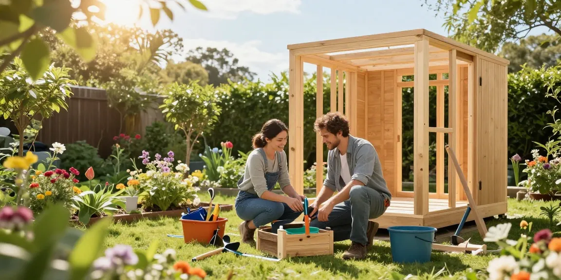Gartenhäuser aus Holz werden von einem Paar im eigenen Garten selbst gebaut.