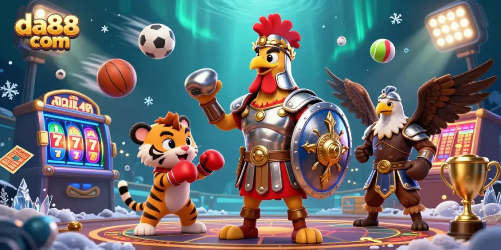Engage in thrilling casino action with da88 com featuring a dynamic scene of a gladiator rooster and playful elements.