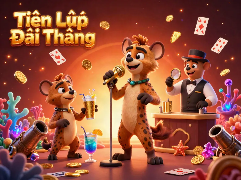 Engage with Tiến Lên Đổi Thưởng as animated hyenas entertain in a vibrant comedy casino club setting.
