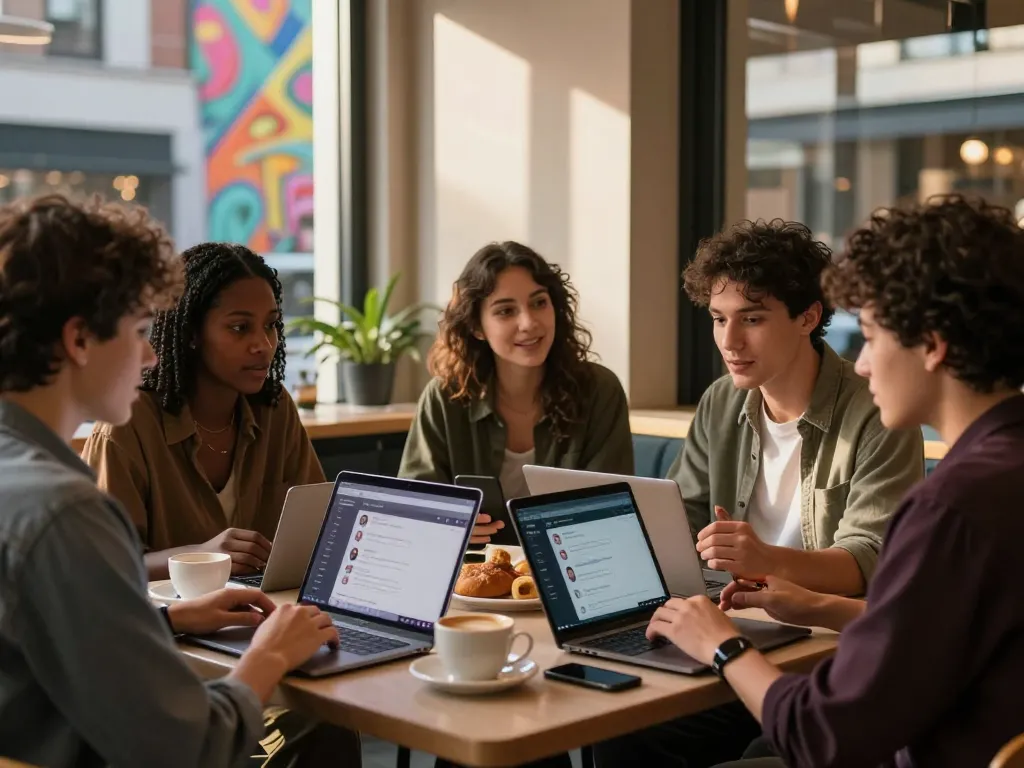 Engaging group discussing sex AI chat application at a café
