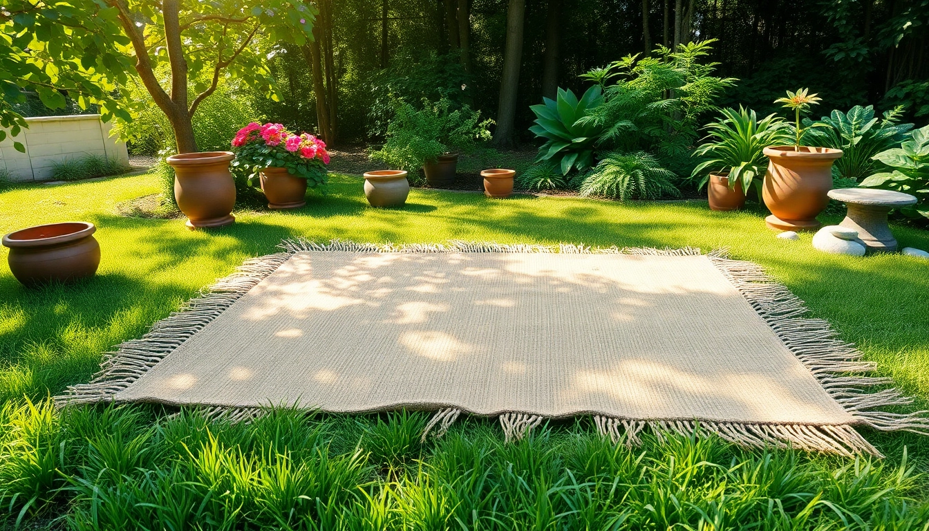 Hanfmatte in einem ruhigen Garten mit sanfter Beleuchtung und natürlichen Farben