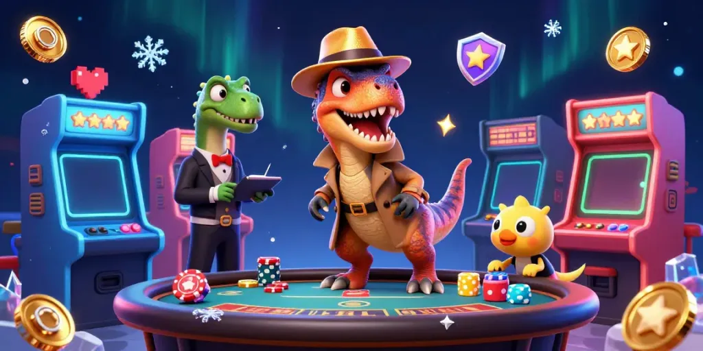 mm88 themed colorful scene with a velociraptor card counter at a blackjack table in a vibrant casino setting