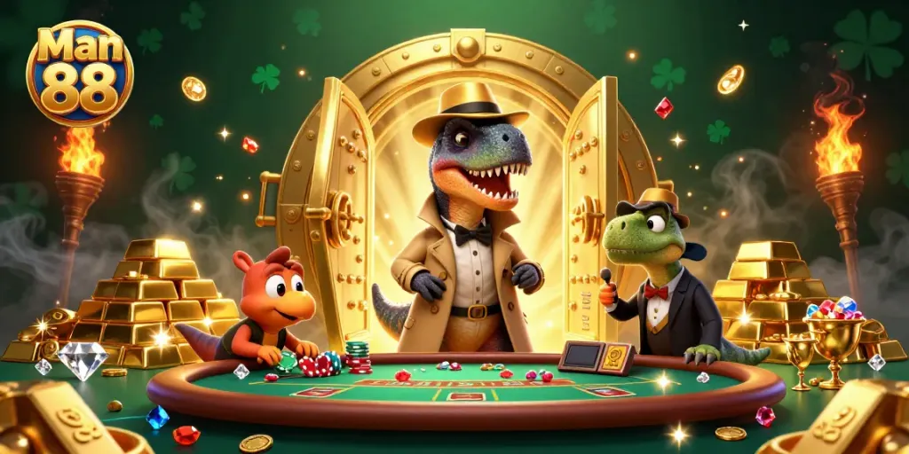 Experience thrilling betting action at Man 88 with a vibrant casino scene featuring animated characters and sparkling treasures.