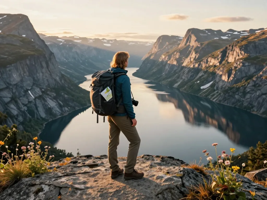 Malersicher Blick auf einen Reisenden an einem Fjord, der Skandinavien Reisetipps mit Bergen und Sonnenuntergang verkörpert.