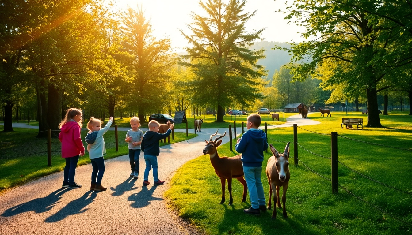 Families enjoying feeding animals at schwarze-berge.de wildlife park, surrounded by lush greenery.