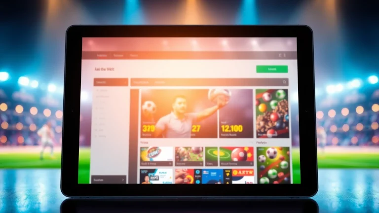 Neue online wettanbieter auf einem Tablet-Bildschirm in einem modernen Wettbereich präsentiert.