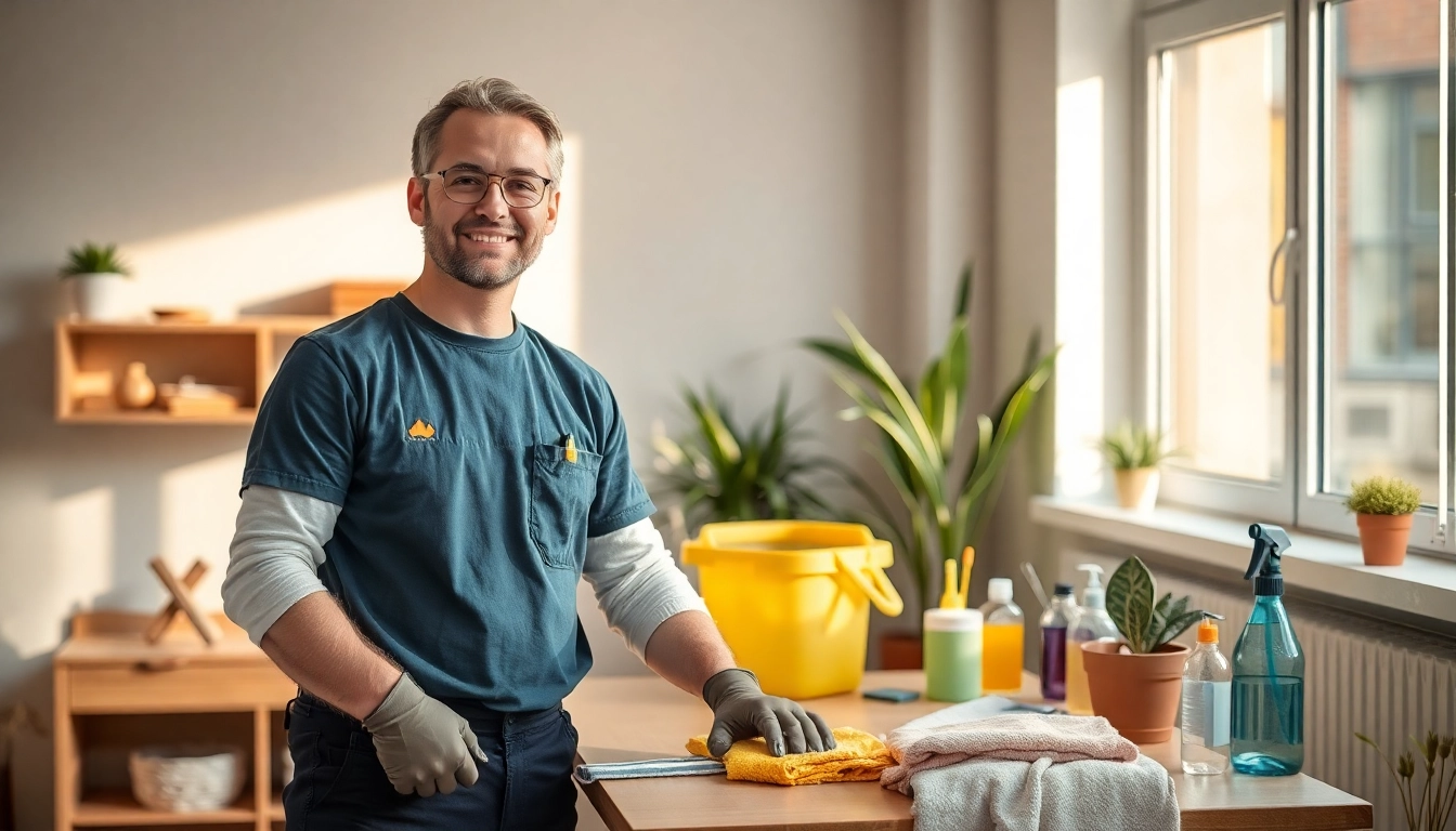 Aufruf zur Bewerbung für hauswirtschaft stelle hameln mit freundlichem Hauswirtschaftler in einem gepflegten Raum.