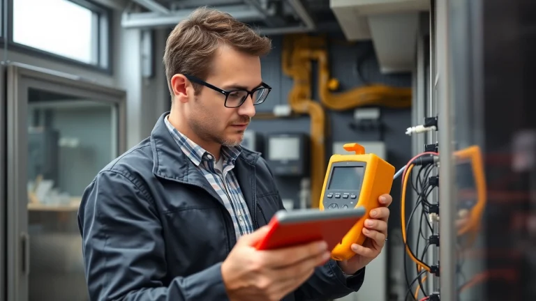 Technischer Inspecteur bei der DGUV V3 Prüfung elektrischer Geräte und Anlagen in einem modernen Büro.