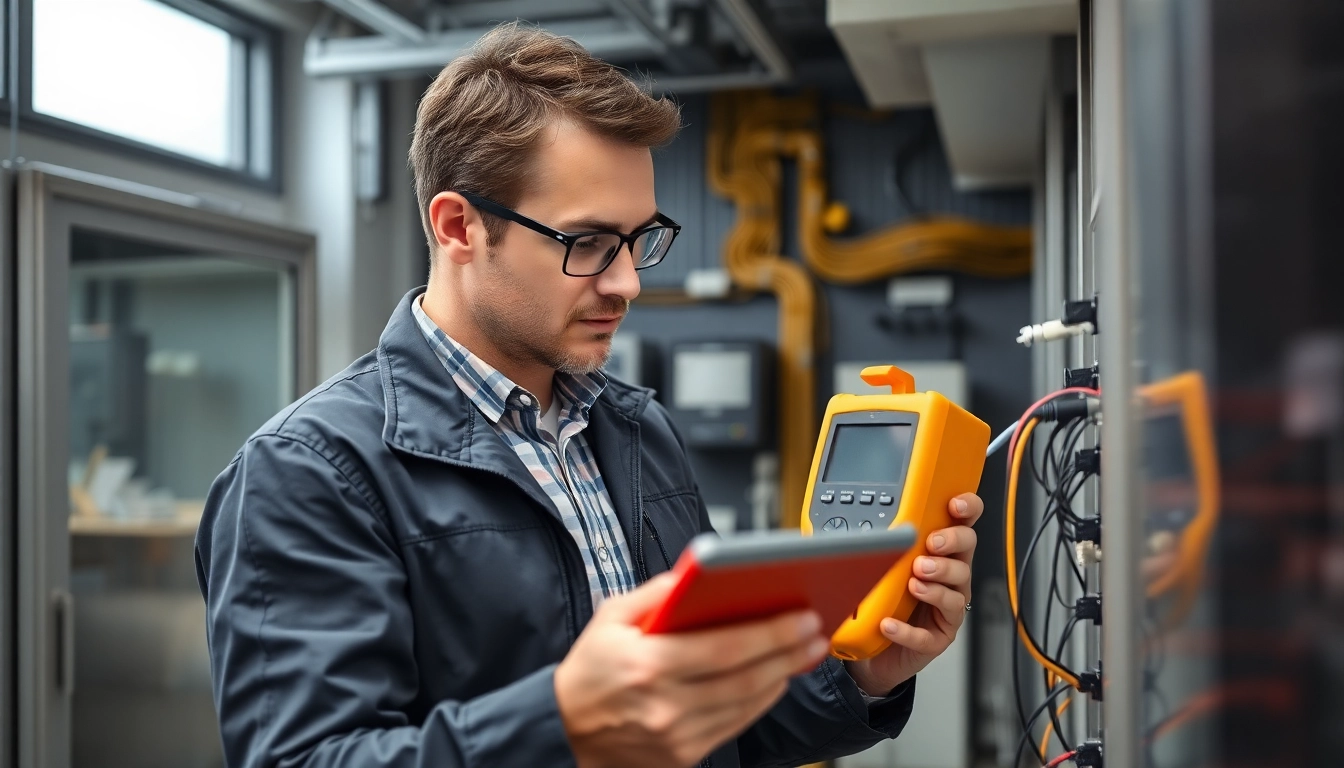 Technischer Inspecteur bei der DGUV V3 Prüfung elektrischer Geräte und Anlagen in einem modernen Büro.