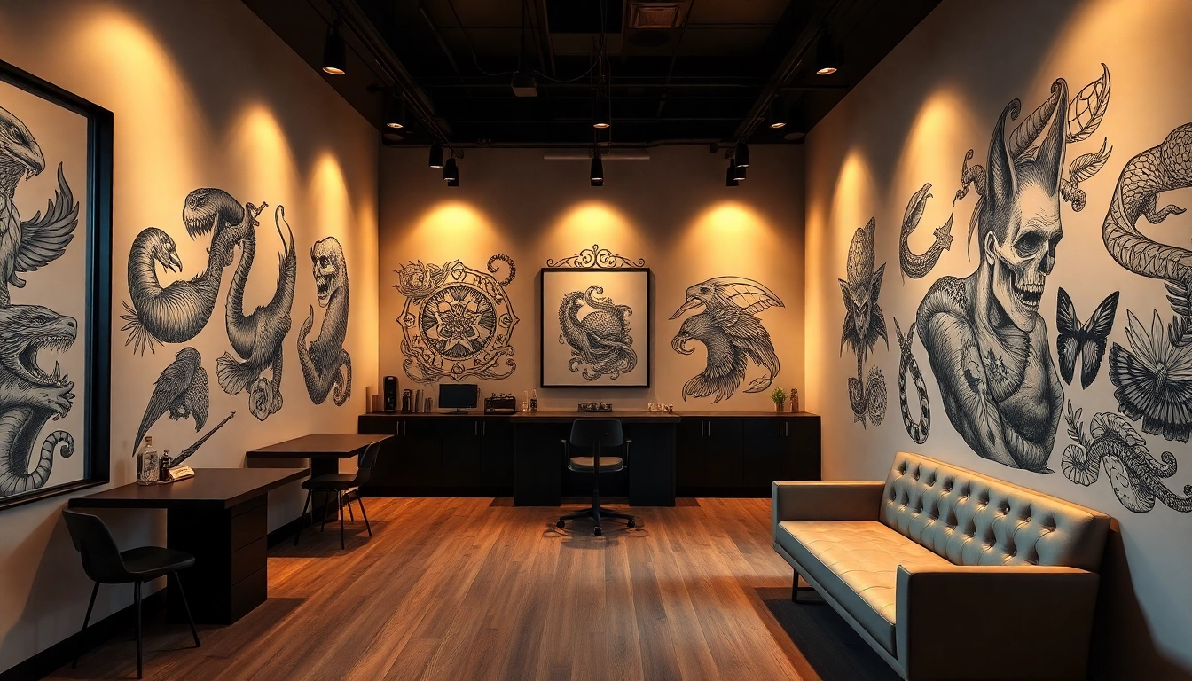 Tattoo Studio München featuring a modern interior with artistic tattoo designs and warm lighting.