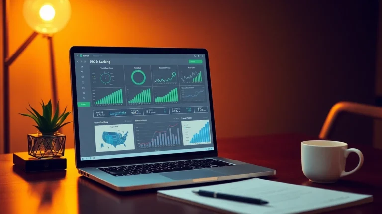 Visualisieren Sie SEO-Ranking-Optimierung mit modernem Arbeitsplatz und Statistiken.