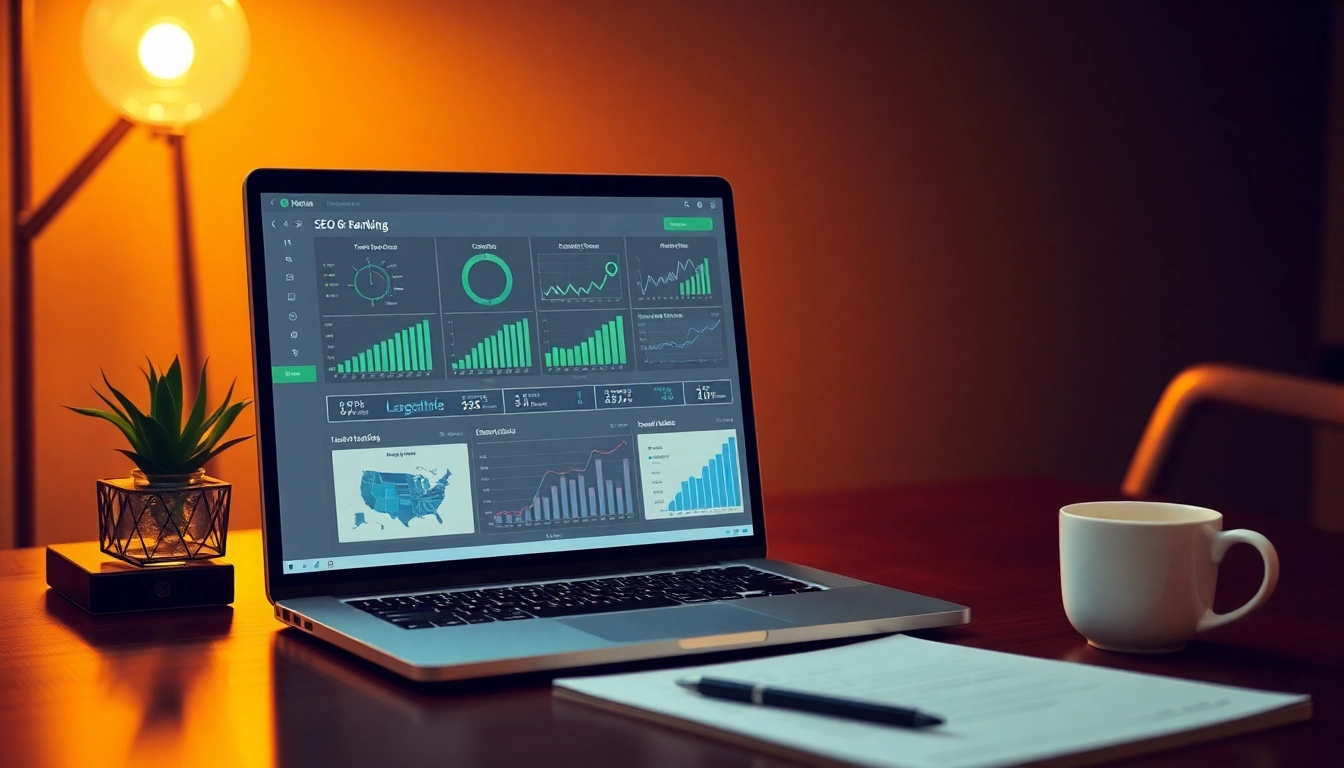 Visualisieren Sie SEO-Ranking-Optimierung mit modernem Arbeitsplatz und Statistiken.