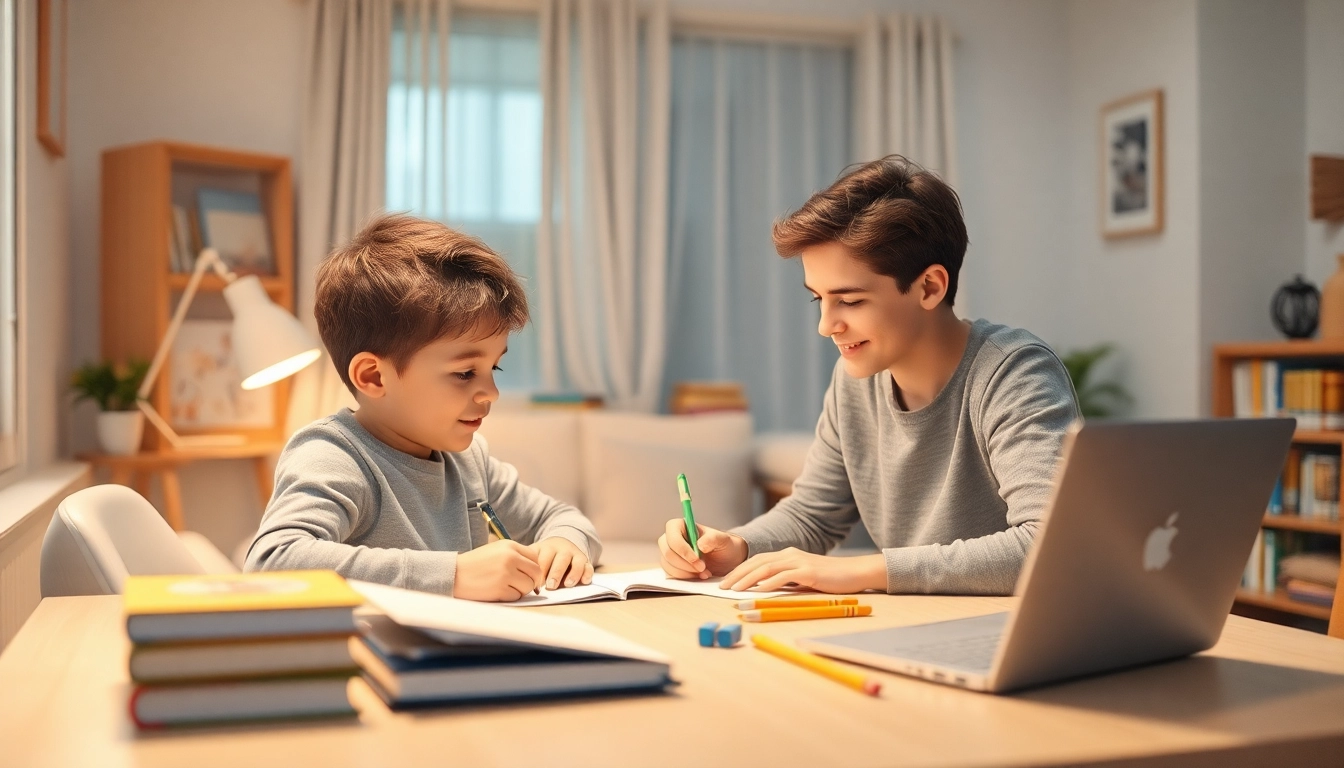 In einem modernen Raum zeigt ein Kind beim Heimunterricht, kreativ umgeben von Lehrmaterialien.