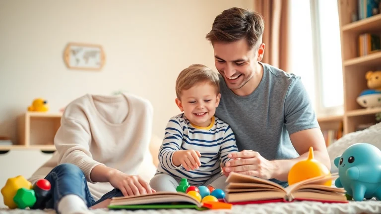 Kindererziehung verdeutlicht durch eine liebevolle Interaktion zwischen Eltern und Kind in einem hellen, einladenden Raum.