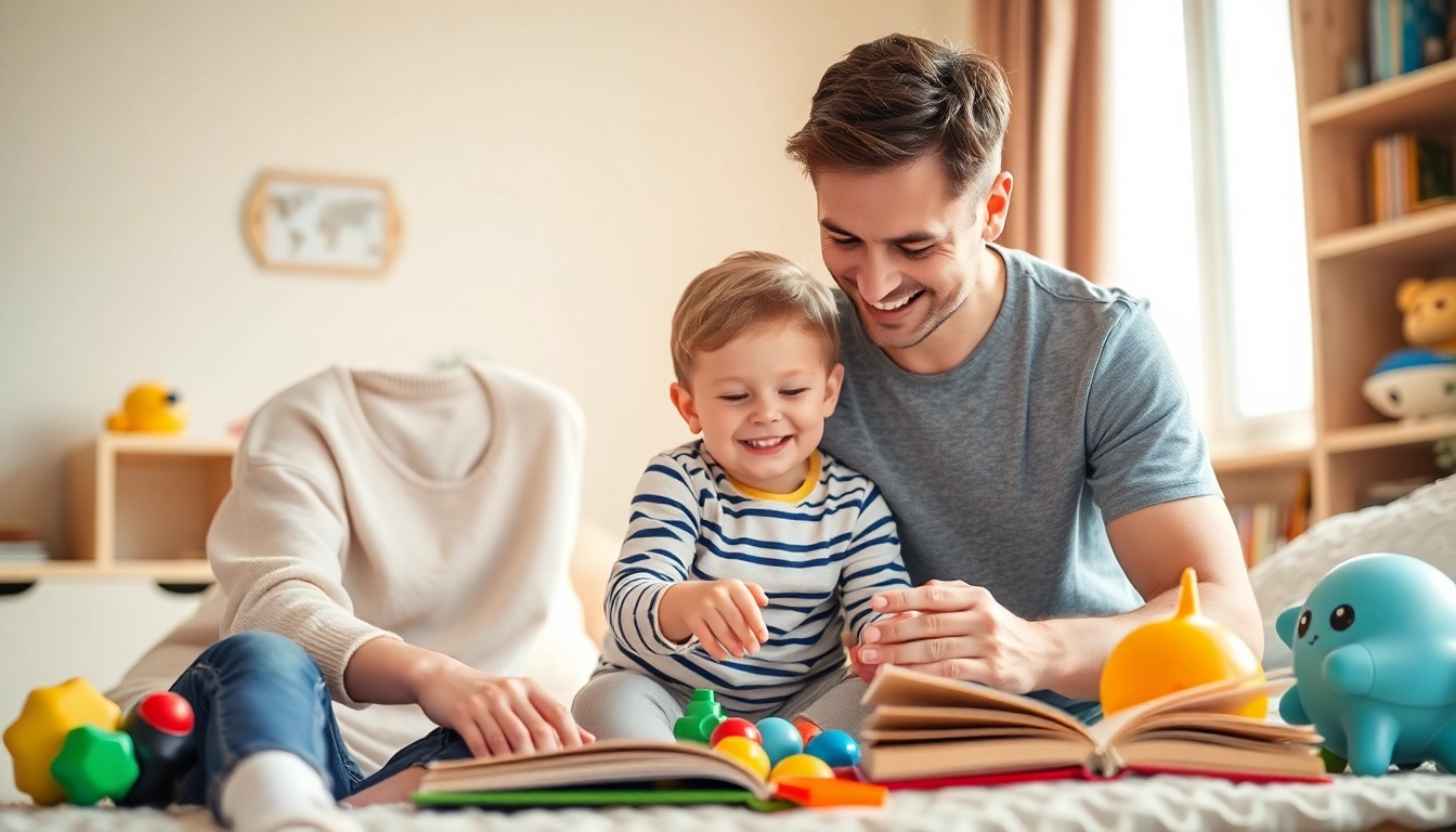 Kindererziehung verdeutlicht durch eine liebevolle Interaktion zwischen Eltern und Kind in einem hellen, einladenden Raum.