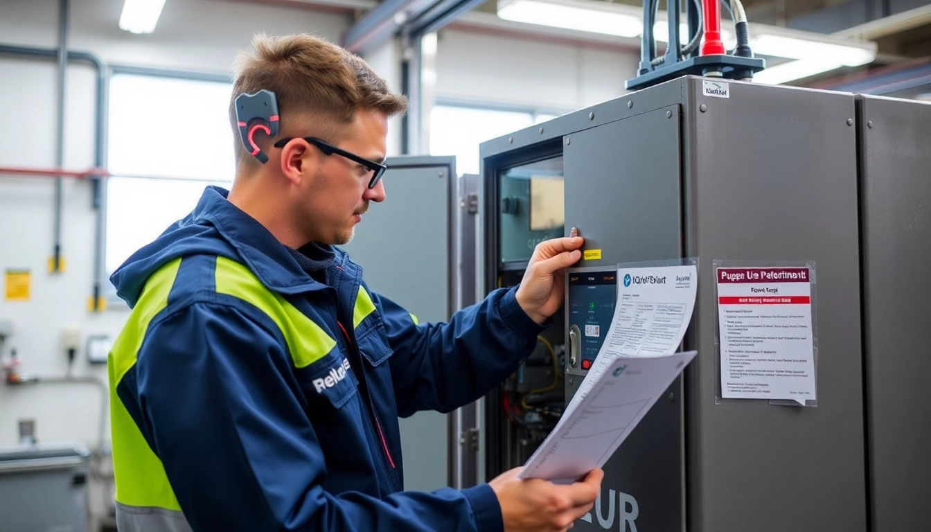 Technician performing a DGUV V3 Prüfung on electrical equipment, ensuring workplace safety and compliance.