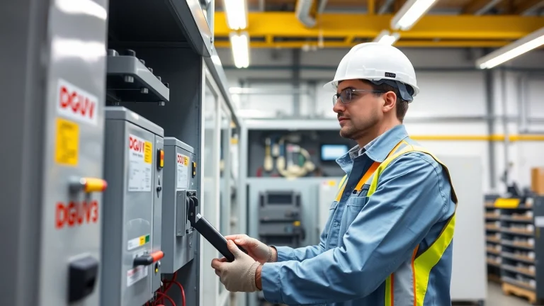 Technician performing a DGUV V3 Prüfung on electrical equipment, ensuring workplace safety and compliance.