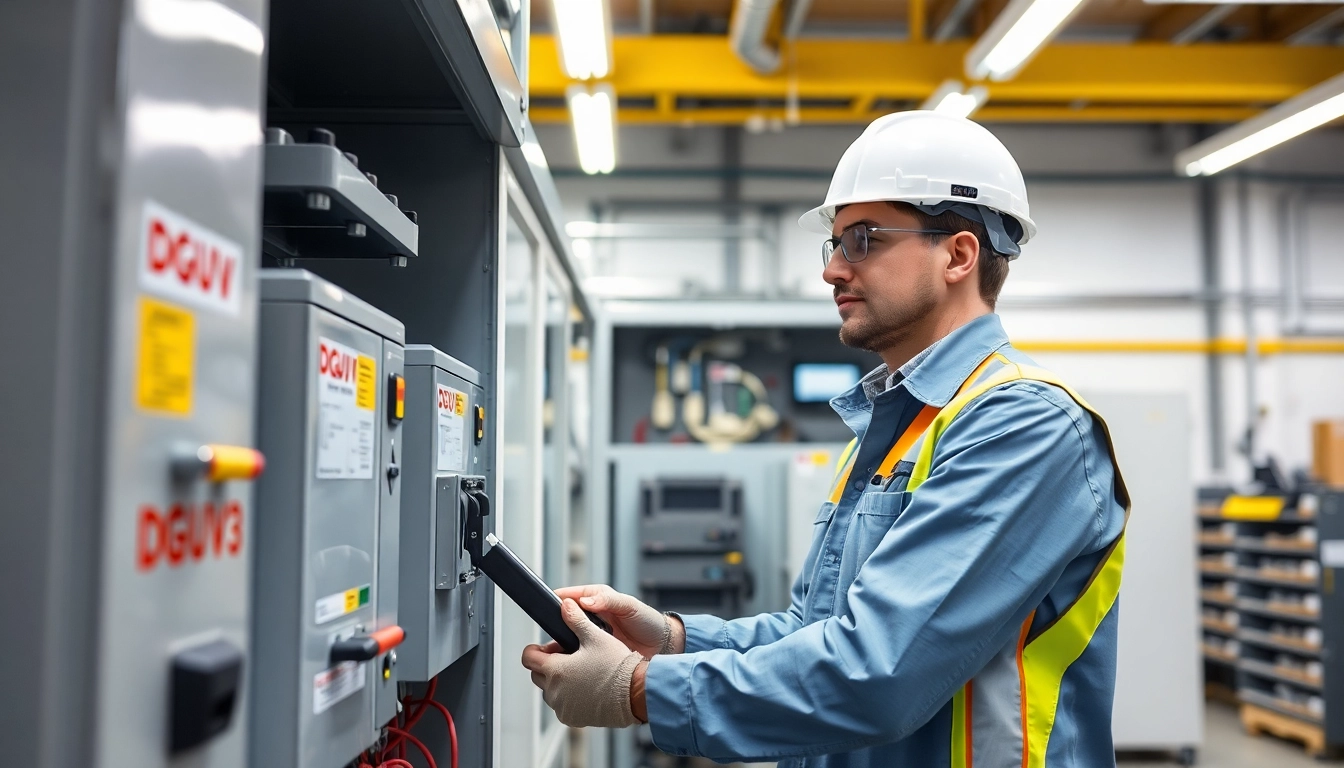 Technician performing a DGUV V3 Prüfung on electrical equipment, ensuring workplace safety and compliance.