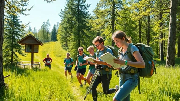 Teilnehmer des Wetziker OL Challenge navigieren durch einen malerischen Wald mit Karte und Kompass, gefüllt mit Abenteuer und Teamgeist.