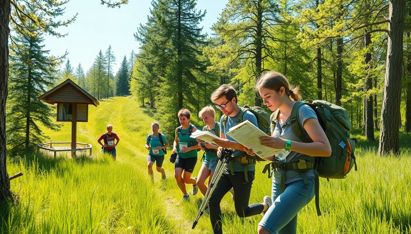 Teilnehmer des Wetziker OL Challenge navigieren durch einen malerischen Wald mit Karte und Kompass, gefüllt mit Abenteuer und Teamgeist.