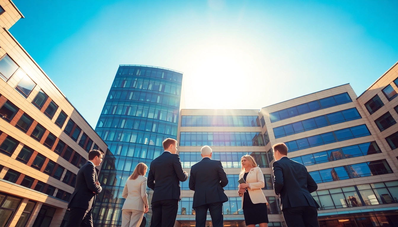 Professionelle Besprechung vor einem modernen Bürogebäude in München, Headhunter München in Aktion.