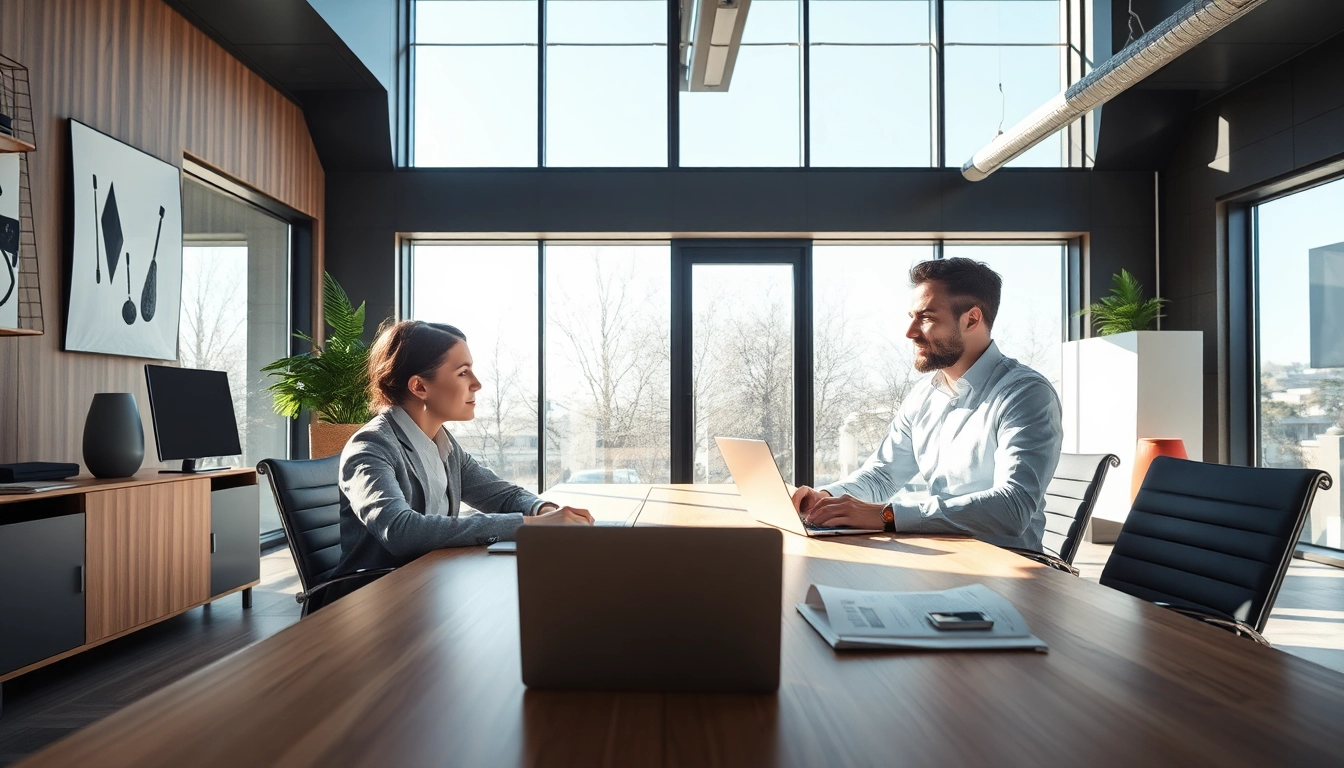 Headhunter Bielefeld im Gespräch mit einem Kandidaten in einem modernen Büro, das Professionalität und Expertise ausstrahlt.