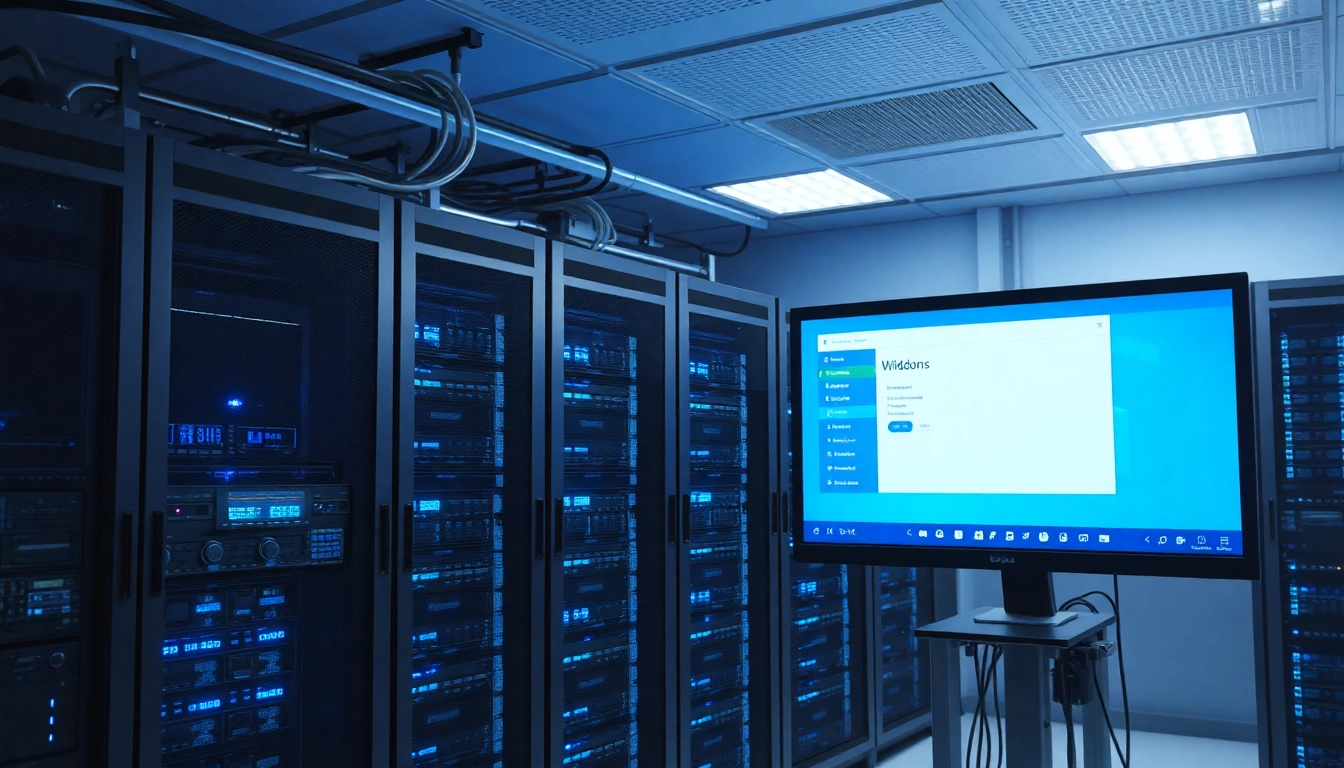 Details zur Windows Server 2025 Anleitung in einem modernen Serverraum mit Hardware, Bildschirmen und Networking-Setup.