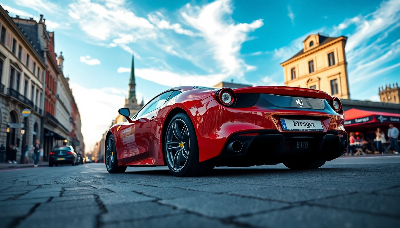Behebe den Ferrari PPF München mit glänzendem Schutzfilm und eleganter Hintergrundszene.