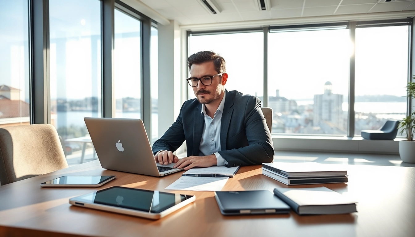 Headhunter Rostock zeigt einen erfolgreichen Personalvermittler am Arbeitsplatz in einem modernen Büro mit Meerblick.
