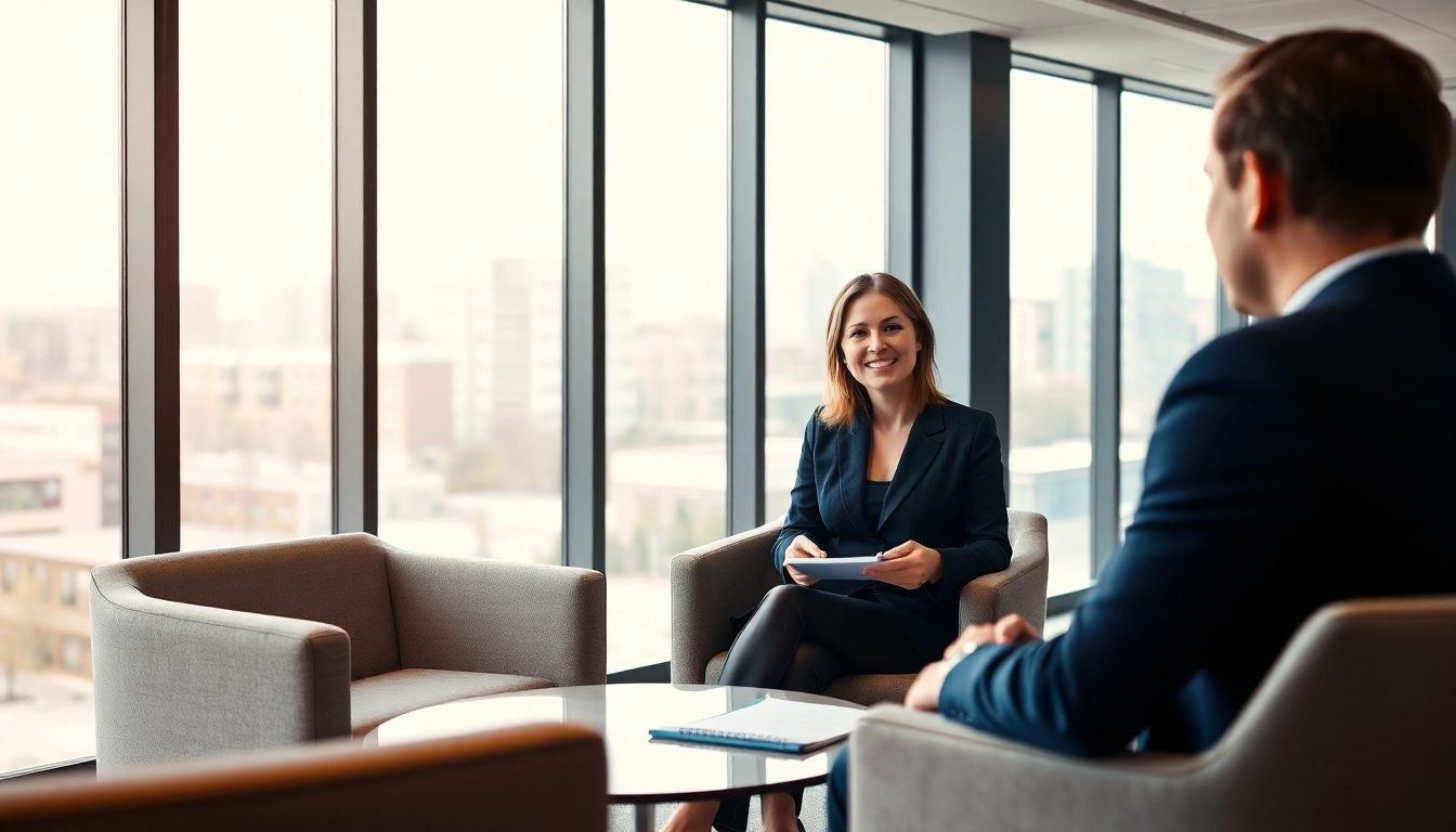 Headhunter Düsseldorf conducts an engaging interview in a modern office.