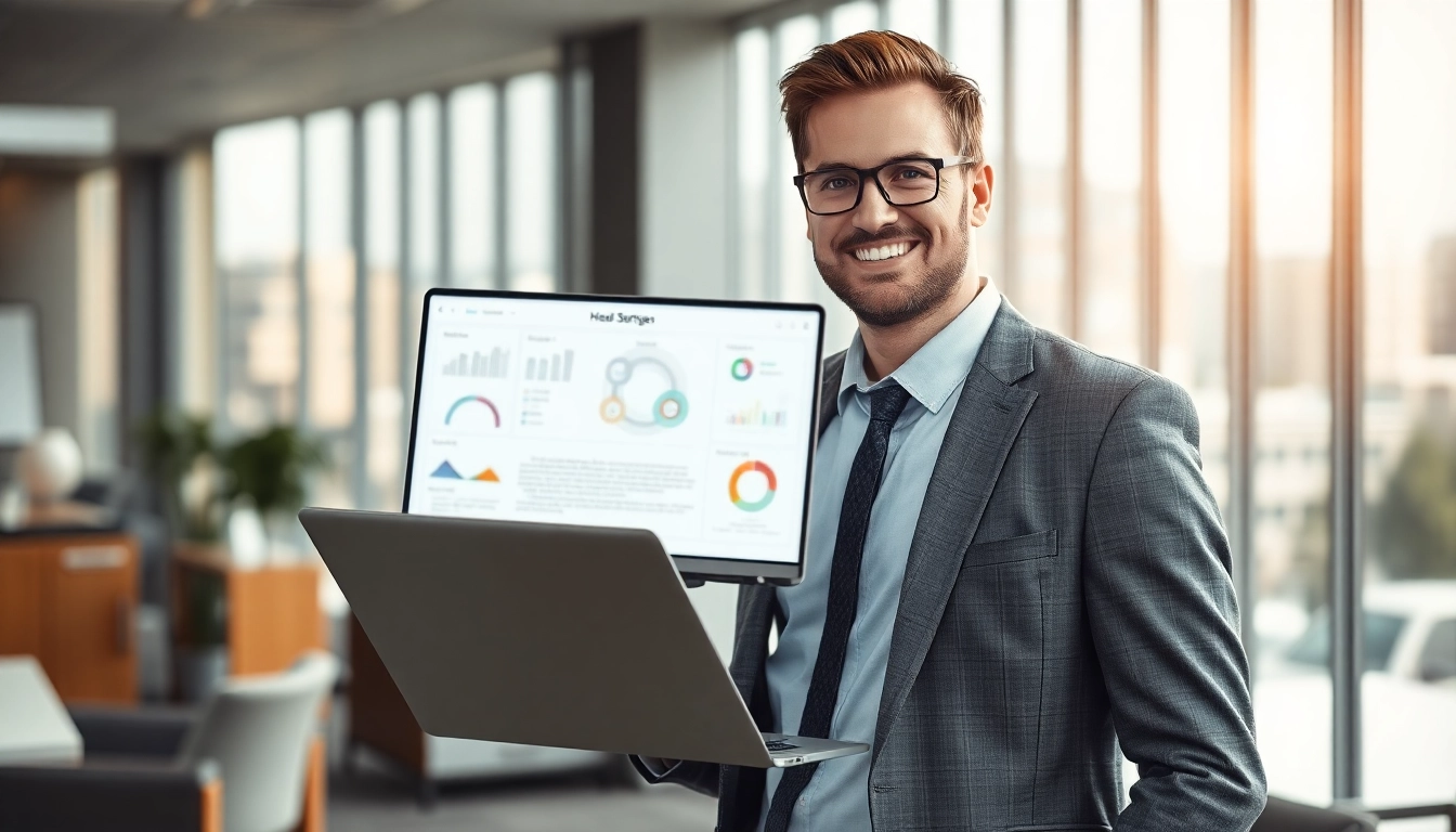 Professioneller Headhunter Sales im Büro, der mit einem Laptop Verkaufsstrategien veranschaulicht.