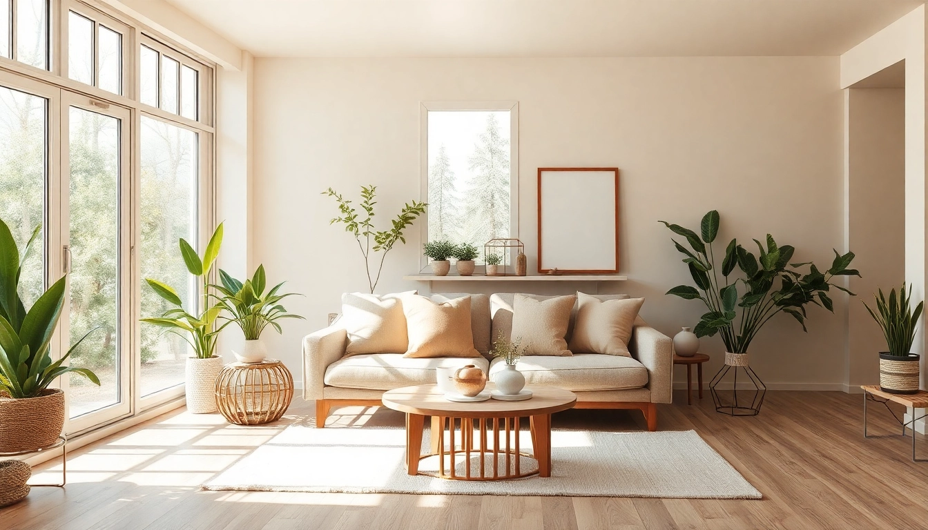 Raumgestaltung mit modernem, cozy Wohnzimmer, hellen Fenstern und harmonischer Farbpalette.