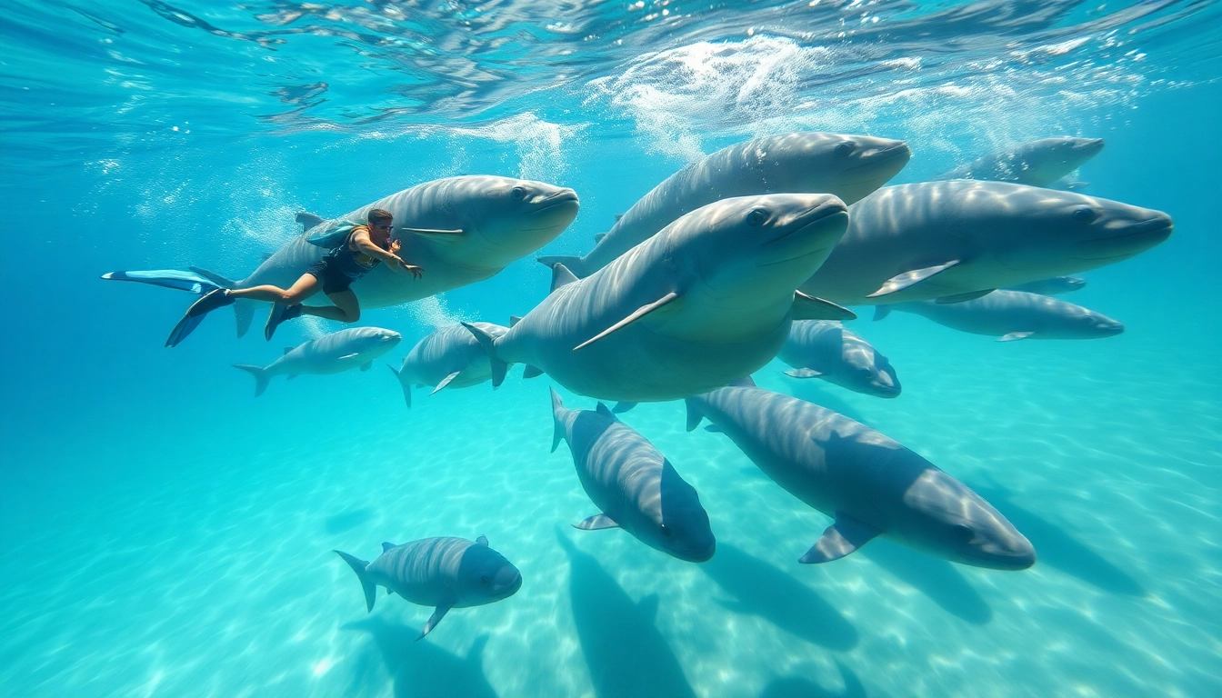 Tauchen Bullenhaie: Taucher interagieren respektvoll mit majestätischen Bullenhaien in klarem Wasser.
