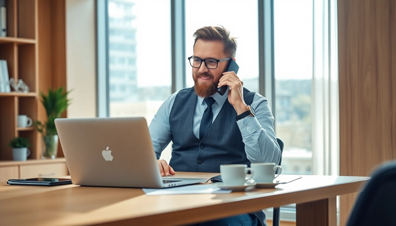 Headhunter am Schreibtisch führt ein inspirierendes Gespräch am Telefon.
