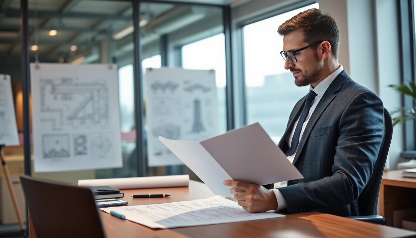 Headhunter Baubranche am Schreibtisch mit Bauplänen