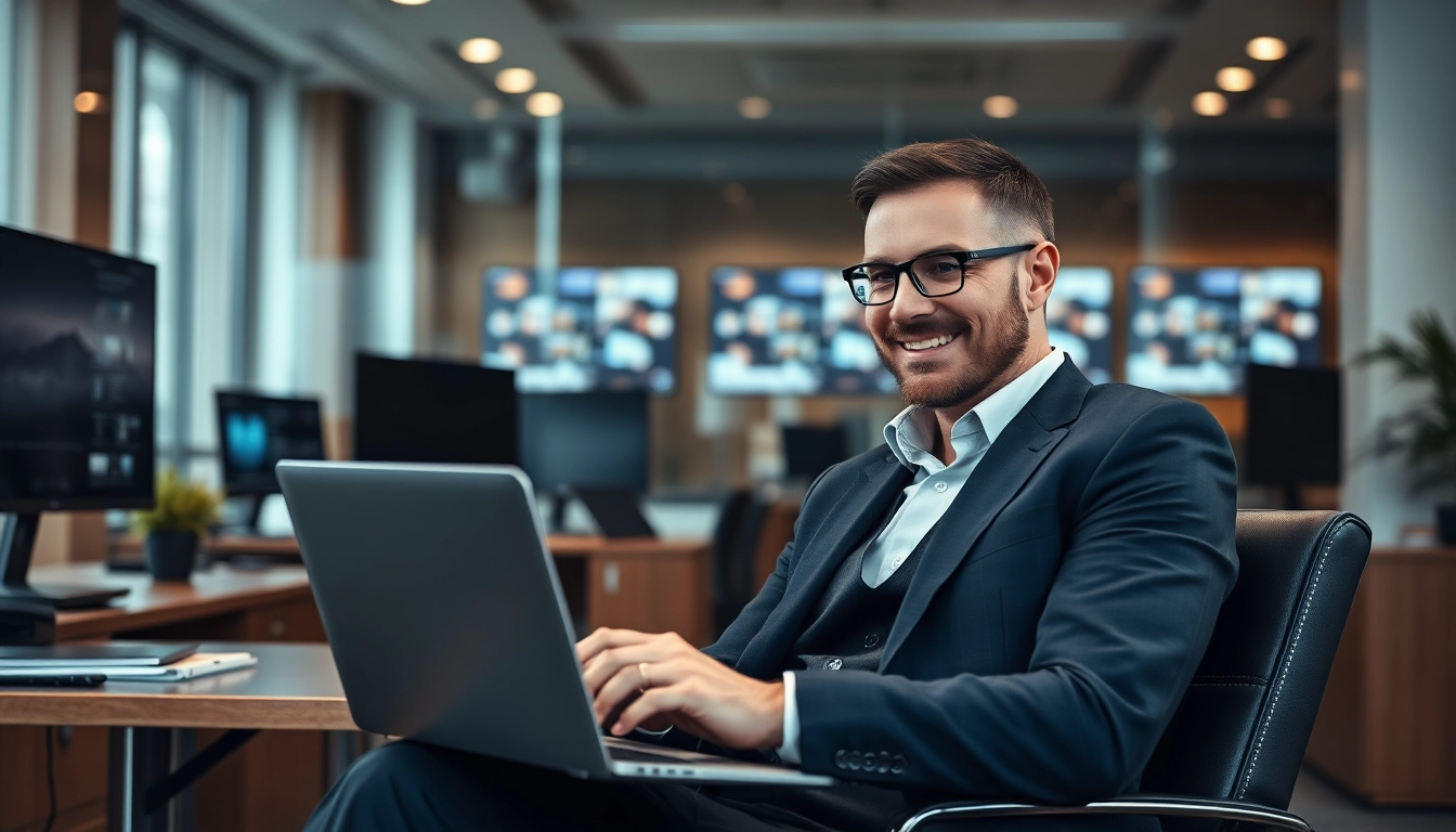 Headhunter IT berät Kunden am Laptop in modernem Büro.