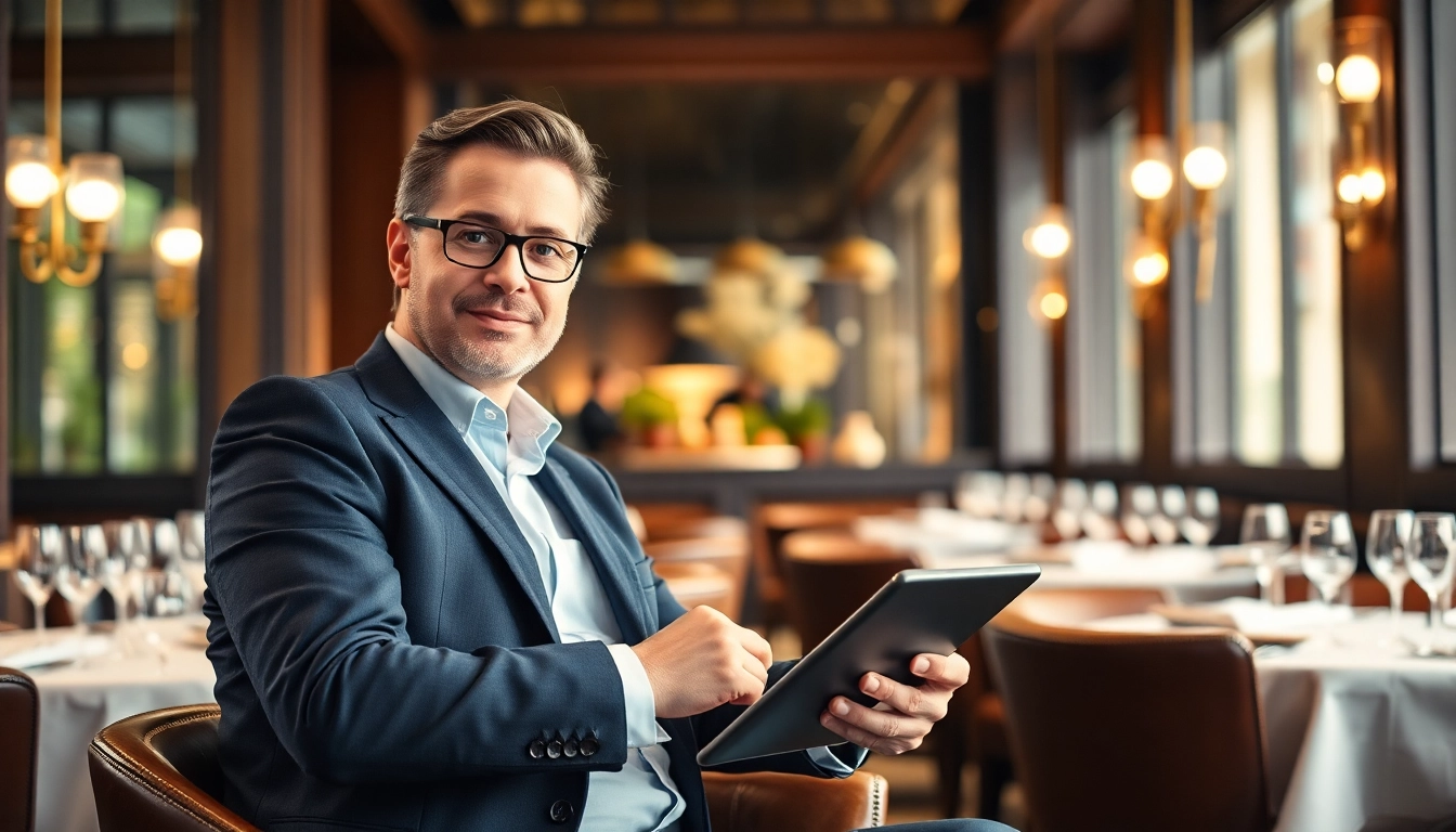 Headhunter Gastronomie bei der Arbeit in einem eleganten Restaurant, gelungenes Portrait mit einem Tablet in der Hand.