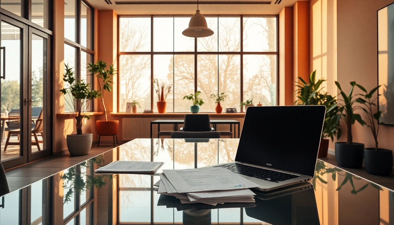 Ein modernes Büro eines Headhunter Gastronomie mit elegantem Arbeitsplatz und Tageslicht.