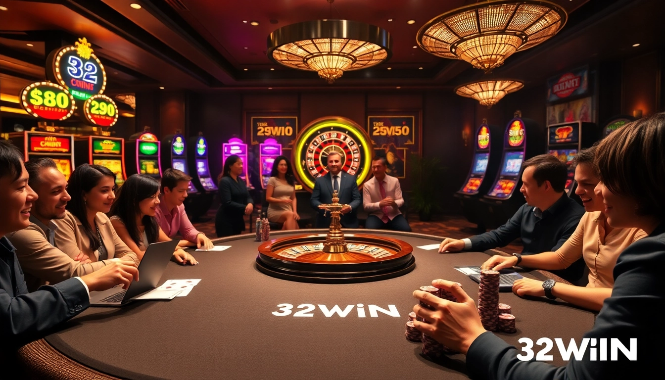 32WIN players enjoying a luxury casino experience with poker tables and slot machines.