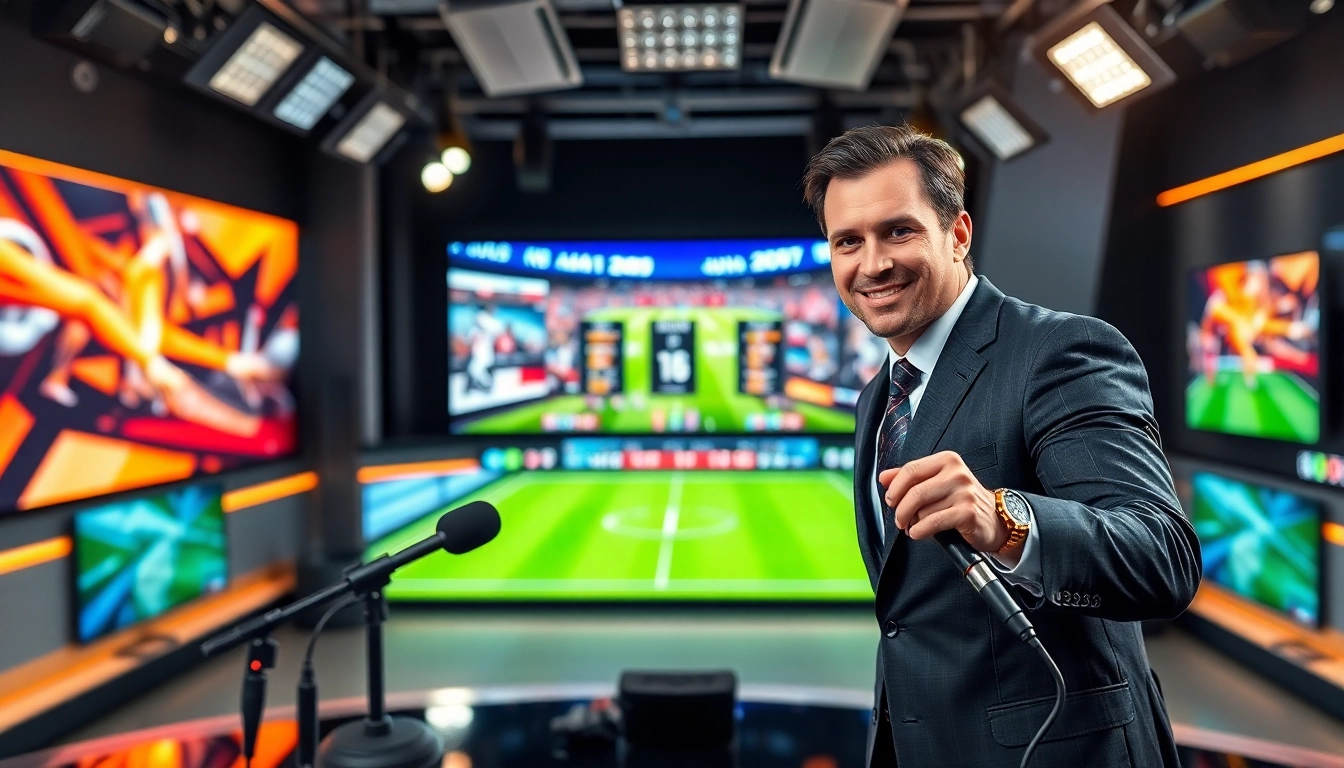Engaging sports broadcasting anchor presenting live coverage with dynamic visuals.