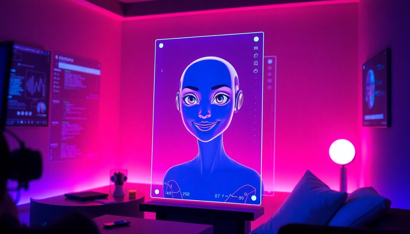 Engaging ai chat nsfw with a futuristic AI character in a dimly lit, ambient room.
