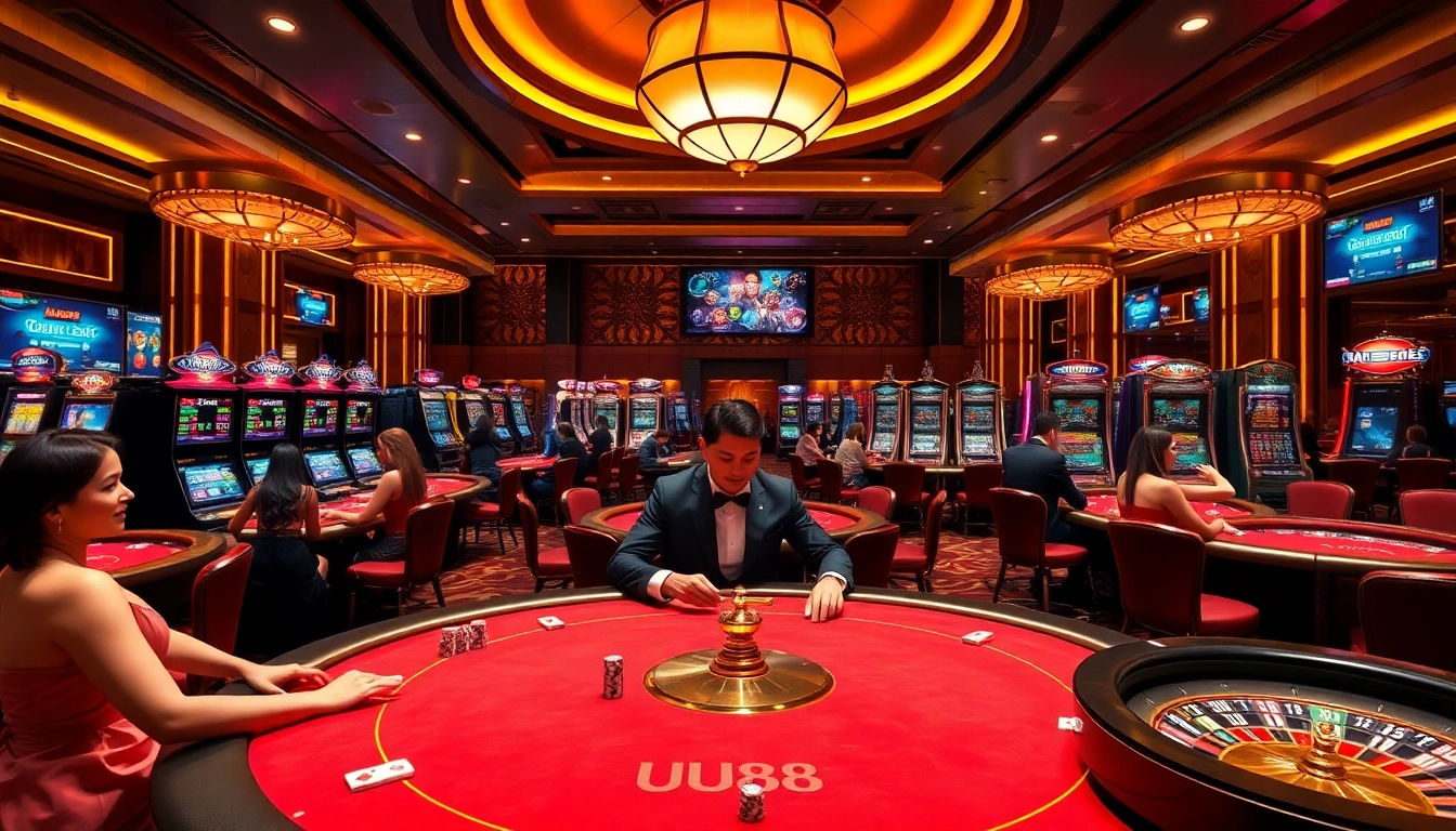 Experience the excitement of UU88 with players engaging at casino tables and vibrant slots.