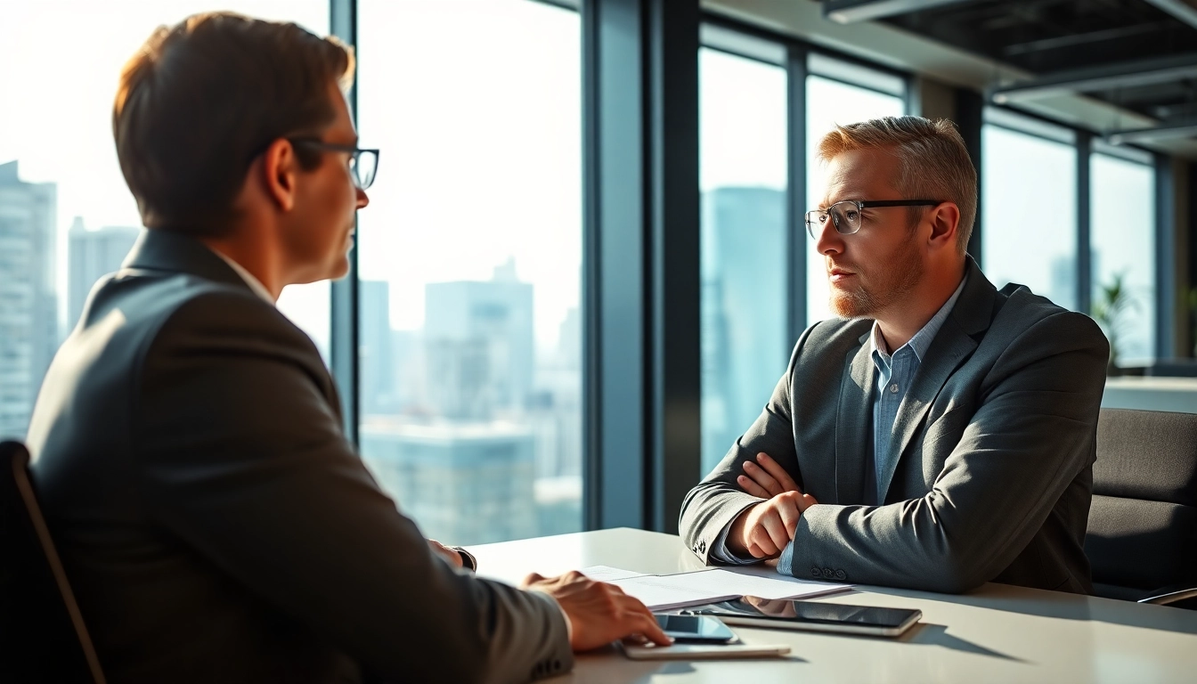 Headhunter Schweiz führt ein Gespräch mit einem Kandidaten in einem modernen Büro.