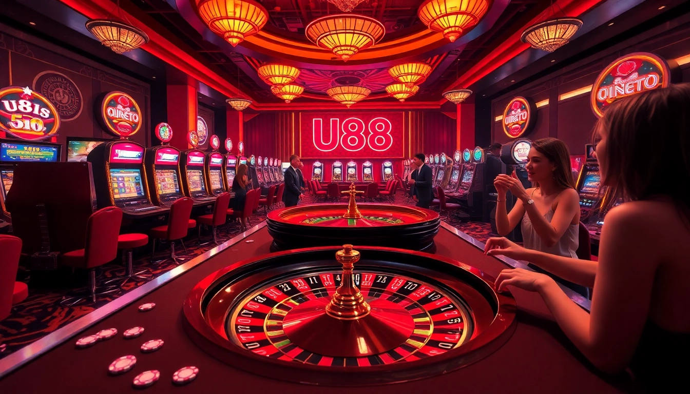 U88-themed roulette table surrounded by excited players in a luxurious casino setting.