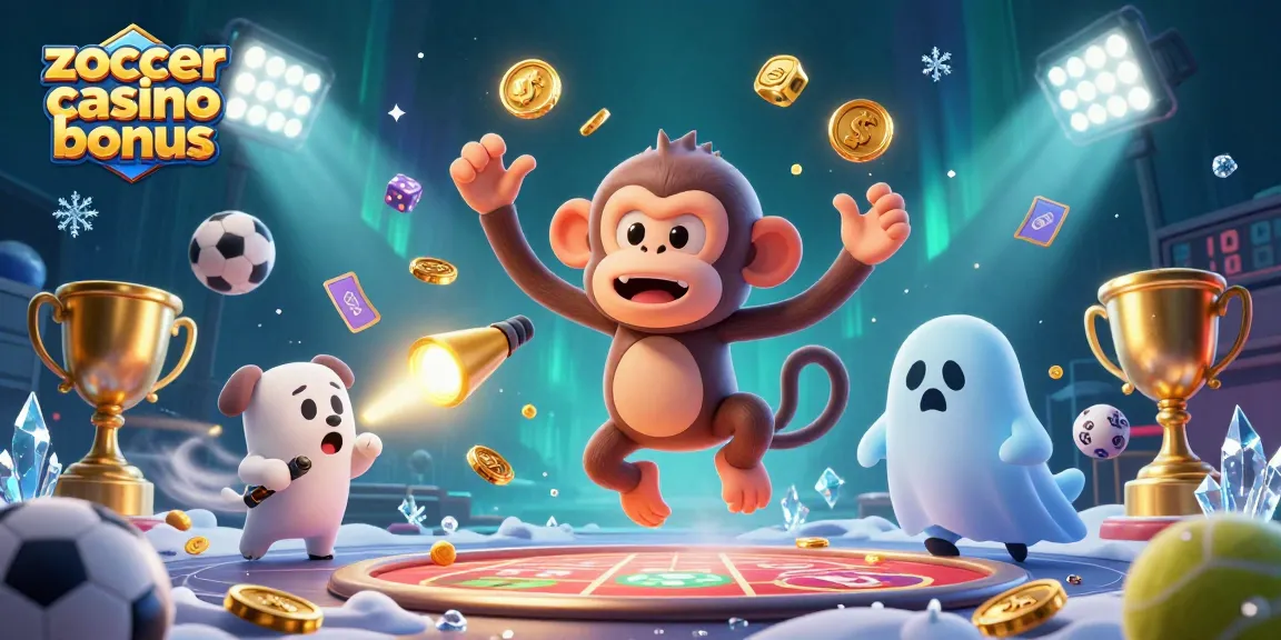 Erleben Sie den Zoccer Casino Bonus mit einem spielerischen Poltergeist und einem neugierigen Hund, umgeben von Gold und Sportelementen.