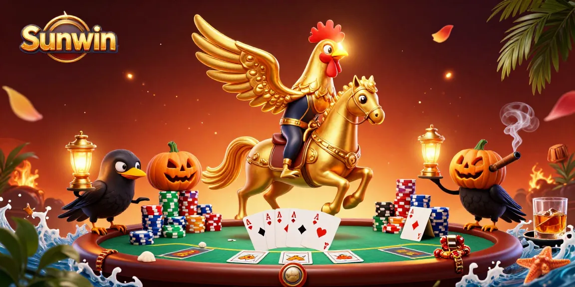 Engage in thrilling gameplay at Sunwin with golden rooster and poker elements illuminating a whimsical casino.