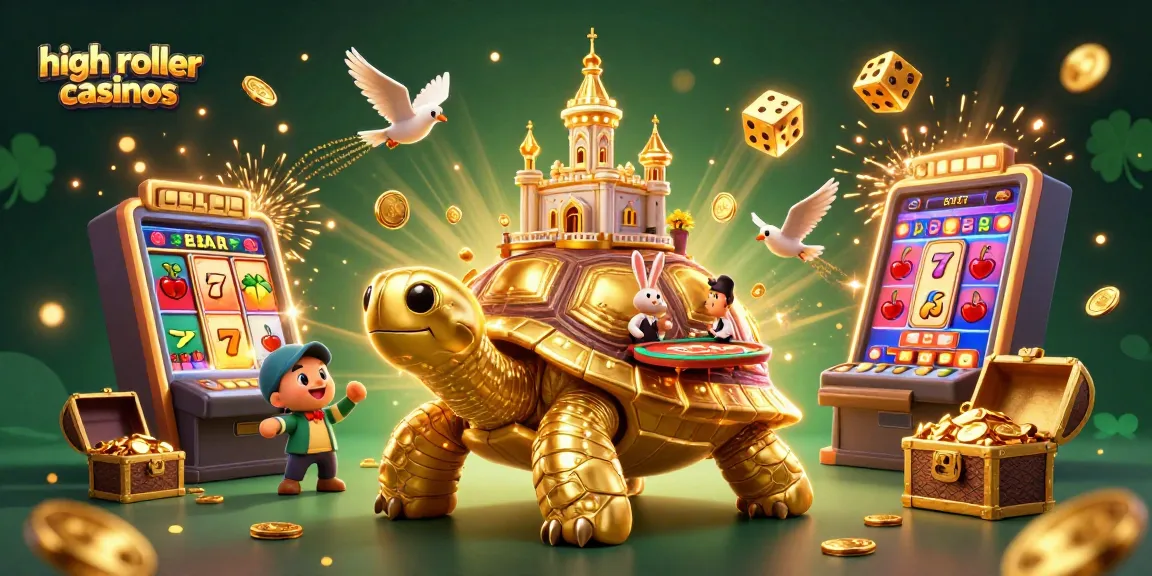 Experience high roller casinos with vibrant scenes of gaming excitement, golden tortoises, and jackpots.