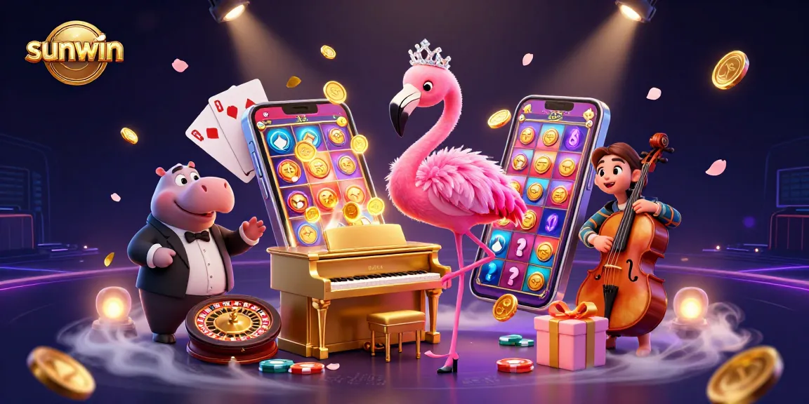 sunwin delights in this vibrant casino scene with a flamingo singer and mesmerizing game elements.
