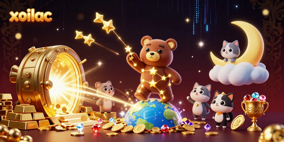 Experience the thrill of xoilac with golden treasures and cosmic characters in this vibrant 3D illustration.